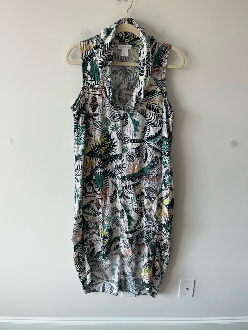 Cynthia Rowley Tropical Leaf Sleeveless Linen Dress with Cowl Neck L